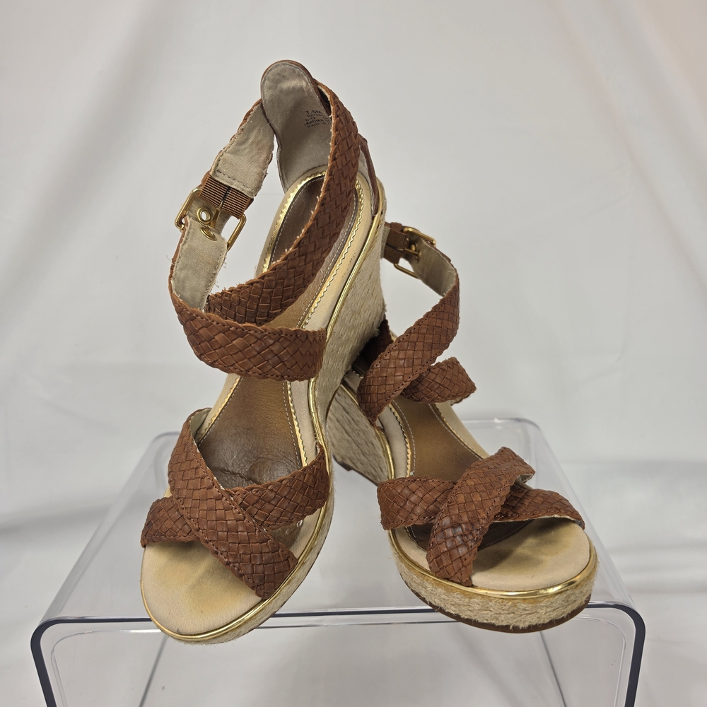 Sperry Espadrille Wedge Sandals Women's 7.5 Brown Braided Leather Strappy Heels